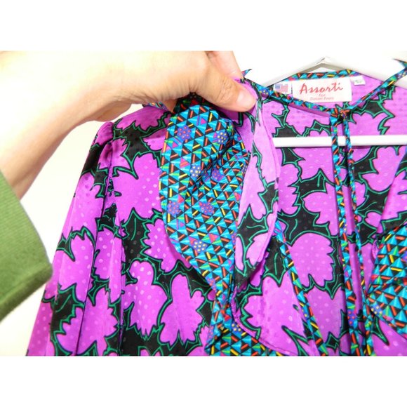 Assorti for Susan Freis Dress Vtg 1980's Purple Boho Pleated Flowing Large Flow - Picture 3 of 16